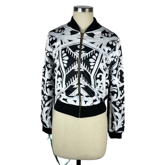 MISTRESS ROCKS Sugar High Cropped Full Zip Bomber Jacket Geometric Small NWT - Picture 1 of 7